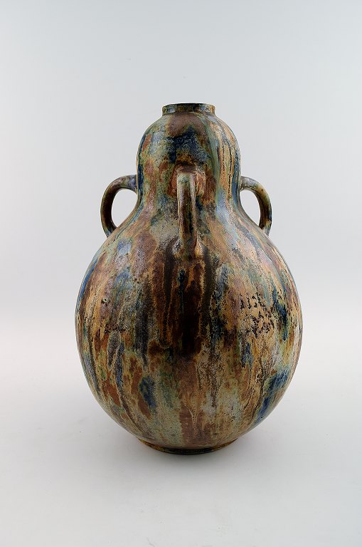 Large French Art Deco art pottery vase with three handles.Roger GUERIN (1896-1954)