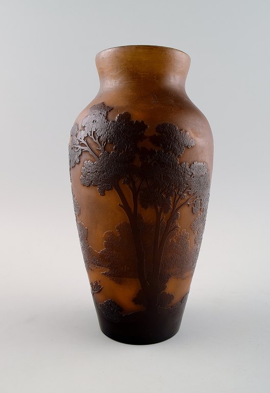 Emile Gallé art glass vase, France app. 1900.Decorated with trees.