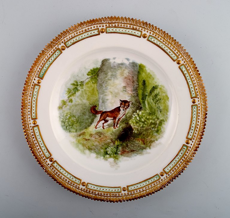 Royal Copenhagen Flora Danica / fauna Danica dinner plate, fox in a forest. Painted in 1932.