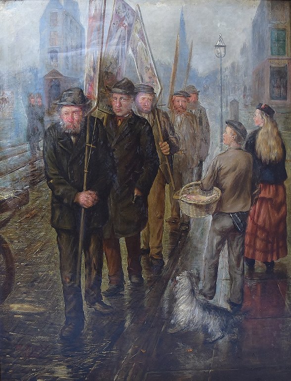 Britisk kunstner, olie på lærred. Parade/demonstration med arbejdere/flagbærere, britisk by 1870. Signeret G. Scott ? 1870.