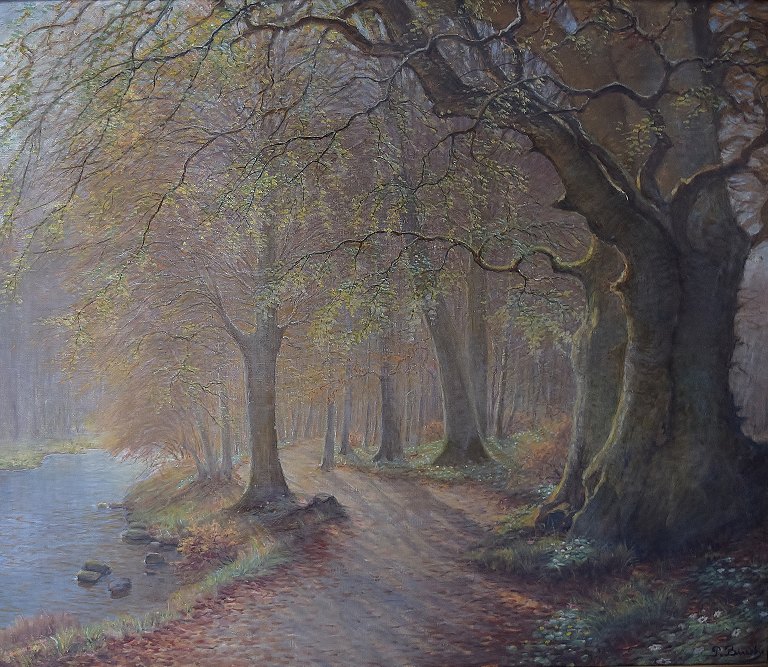 Peter Busch: f. Næstved 1861, d. Lellinge 1942.   Olie på lærred. Forårskov med åløb.