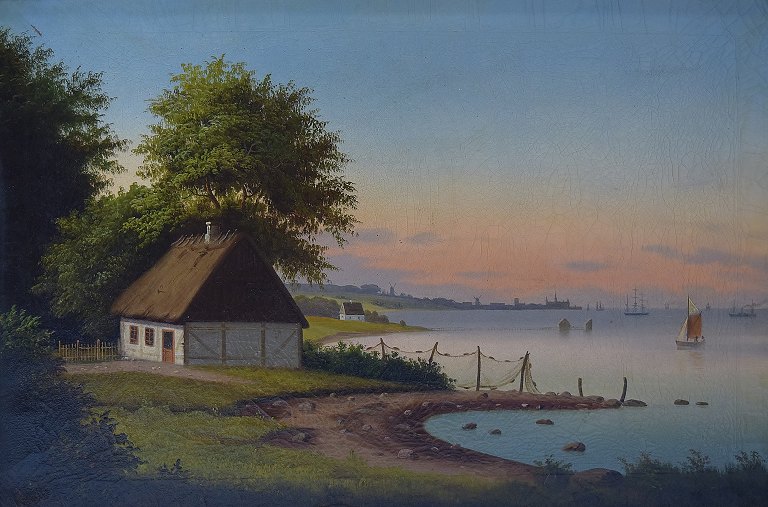 19 century Danish artist. Farmhouse with Kronborg Castle in the background in sunset.Oil on canvas.