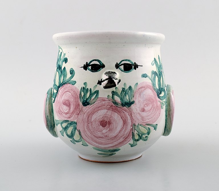 Bjorn Wiinblad unique ceramic vase / flower pot, pink and green glaze.