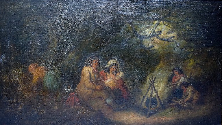 Ubekendt Old master. Olie på lærred, Fra 1700 tallets slutning, 1800-tallets 
begyndelse.
Personer omkring bål i skov.