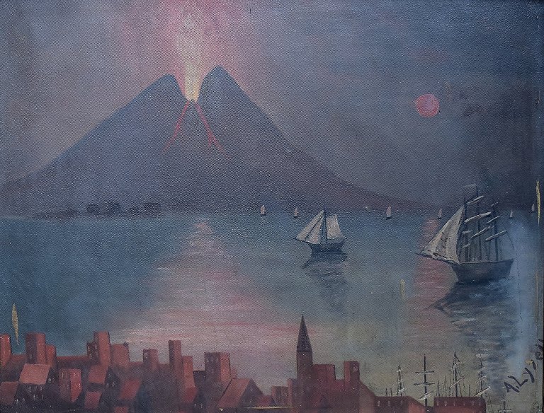 Naivistic oil painting, Gulf of Naples, Mount Vesuvius erupted.Unknown Artist, early 20 c.