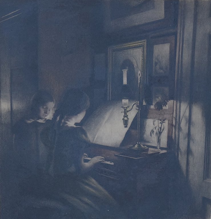 Peter Ilsted: Interior with two girls at the piano. Signed Peter Ilsted. Mezzotint in colours.