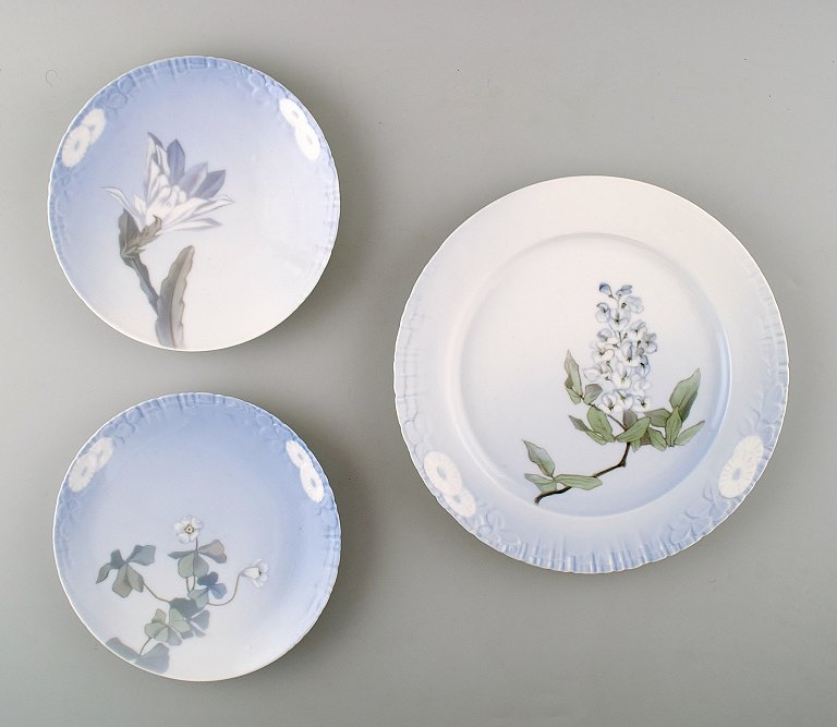 3 Royal Copenhagen Art Nouveau plates decorated with flowers.