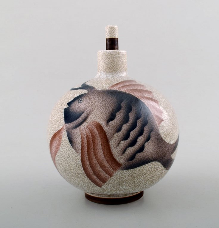 Margrethe Hyldahl (1881-1963)  Art deco flakon af porcelæn, B&G, Bing & Grøndahl, dekoreret med en fisk.