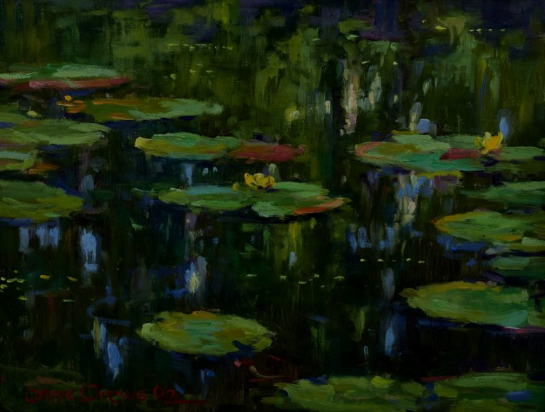 Jeppe Drews b. 1943. Danish artist. Water lilies. Oil on board.