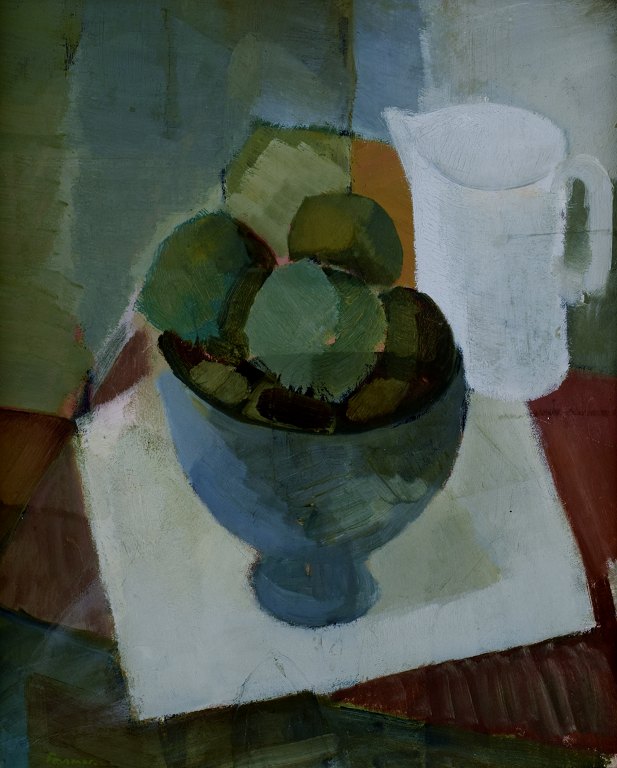Oil on board. Mid 20 c., stillleben with fruits in bowl and jug.
