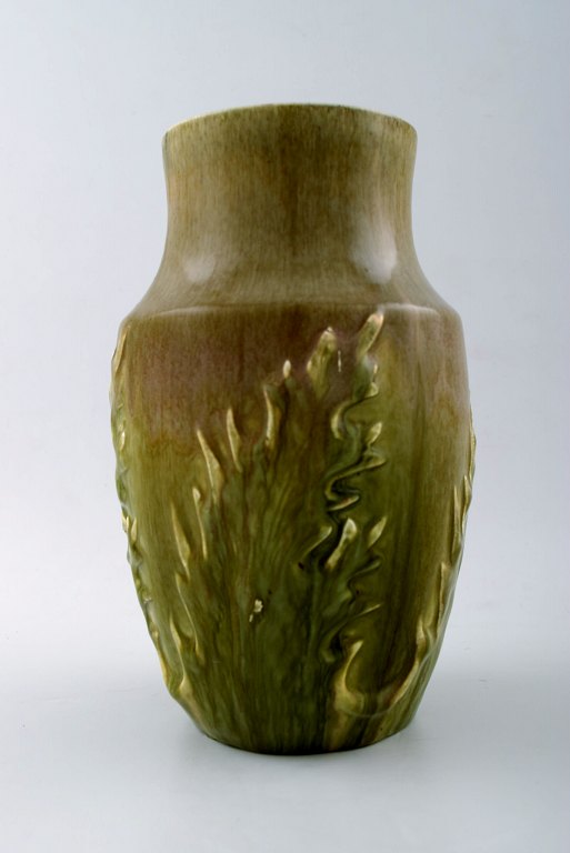 Large Höganäs Art Nouveau ceramic vase. Leaves in relief.Stamped, approx. 1900.