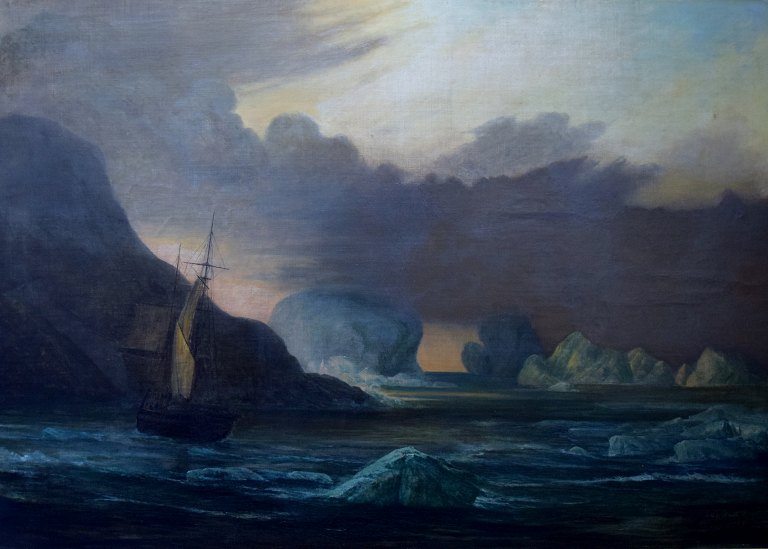 Frederik Theodor Kloss b. Braunschweig 1802, d. Copenhagen 1876:A sailing ship near the coast, by a water filled with icebergs. Probably Husavik, Iceland. Oil on canvas.