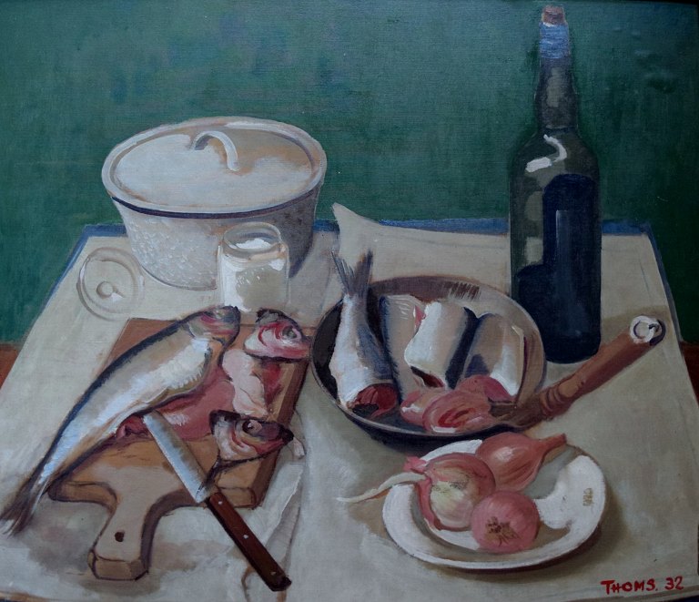 ERNST THOMS (born 1896, d. 1983) German artist. Still Life with lunch on table. Oil on plate.