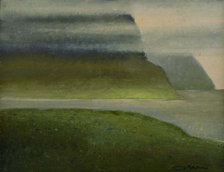 ALBERT BERTELSEN: "Sun through fog", the Faroe Islands. Oil on canvas. Well listed Danish artist.