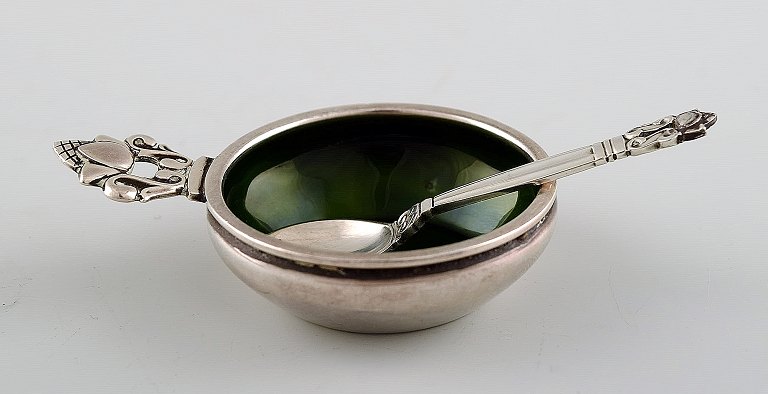 Georg Jensen, Acorn, salt cellar in sterling silver with green enamel with matching spoon.