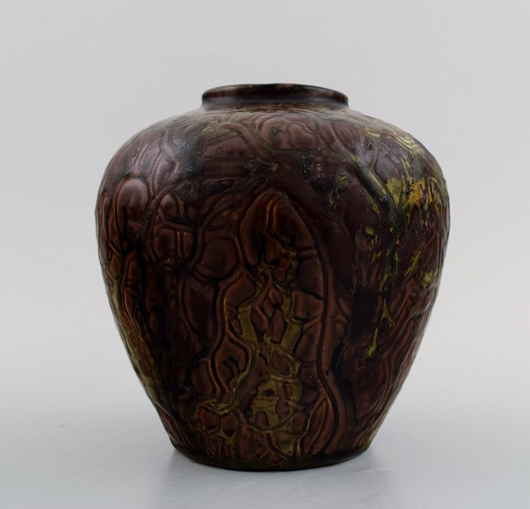 Early Axel Salto for Royal Copenhagen Stoneware vase decorated with foliage, sung glaze.