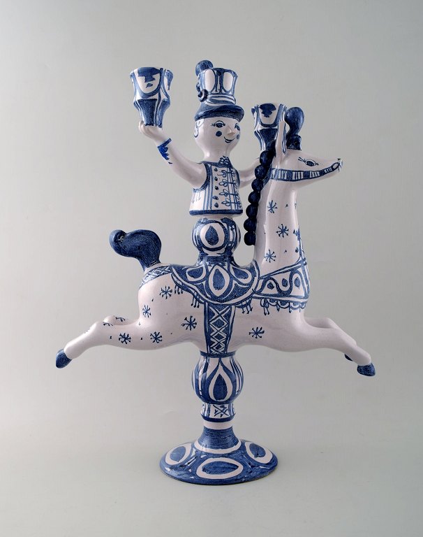 Bjørn Wiinblad large ceramic figure from the blue house.Figure / candlestick, rider on horseback with space for three lights.Decoration number L5.