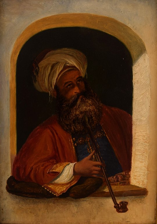Painter unknown, 19th century. A pipe-smoking Turk with turban. Unsigned. Oil on wood.