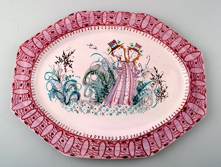 Bjorn Wiinblad: Rare and early unique large oblong red platter decorated with a woman with flowers in her hair, Bjorn Wiinblad 1950.
