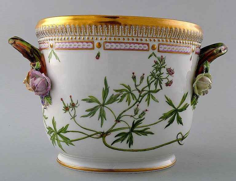 Royal Copenhagen "Flora Danica" porcelain large wine cooler decorated in colours and gold with flowers. Number 20/3569.
