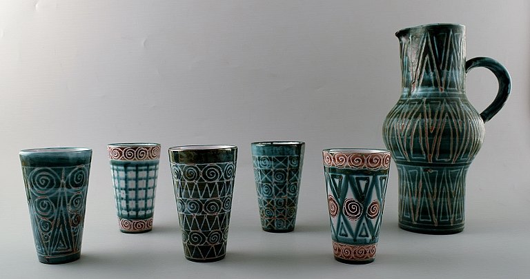 Roger Picault for Vallauris, Frankrig.Limonade/Sangria-sæt til fem. Håndmalet, unika.