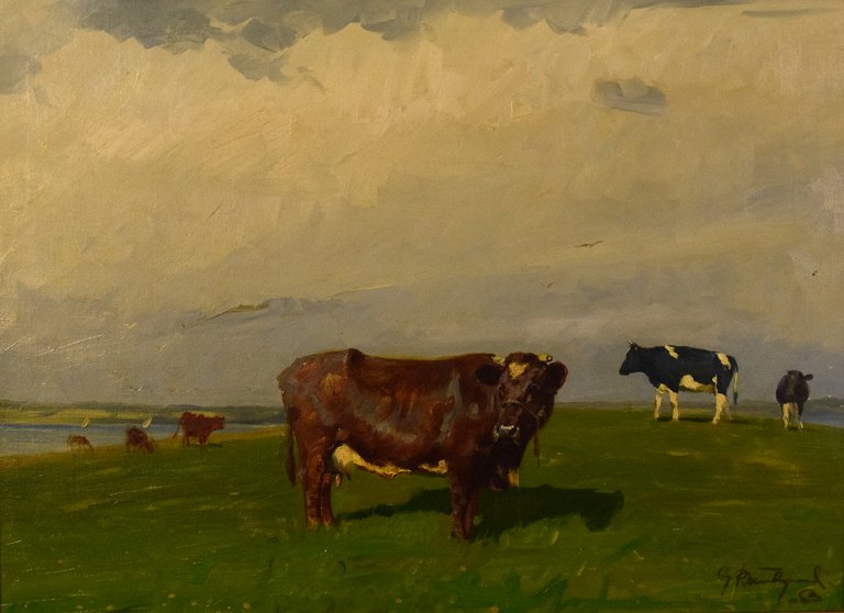 Gunnar Bundgaard (f. Aalborg 1920, d. 2005): Cows on the field.Oil on canvas.