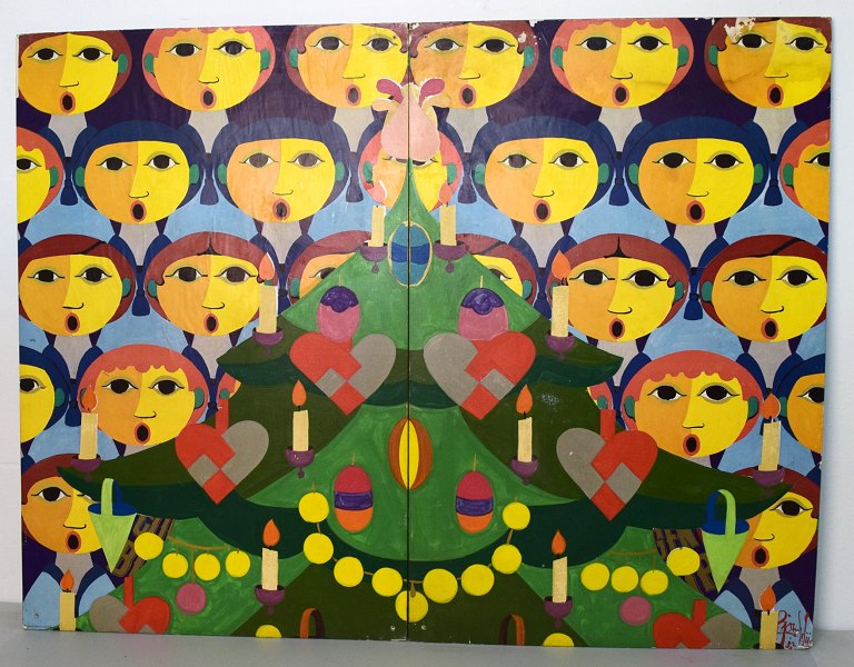 2 væghængte collager, af Bjørn Wiinblad (1918-2006) Collage og olie på plade.