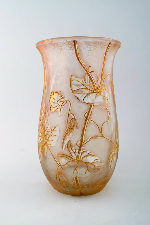 Art Nouveau Cameo vase of glass, adorned with flower ornament in relief, partially gilded, Legras St Denis.