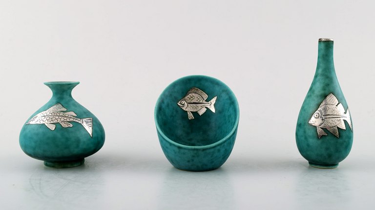 Wilhelm Kåge for Gustavsberg "Argenta", 3 small vases decorated with fish in silver.