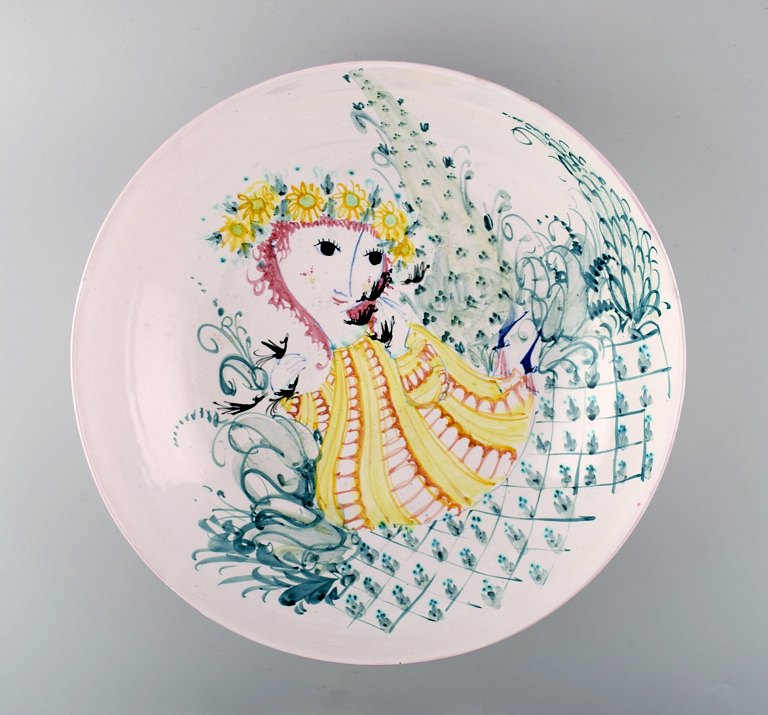 Bjørn Wiinblad, eget værksted: Sjælden og tidlig unika stor rund skål dekoreret med kvinde med blomster i håret i haven, Bjørn Wiinblad 50.