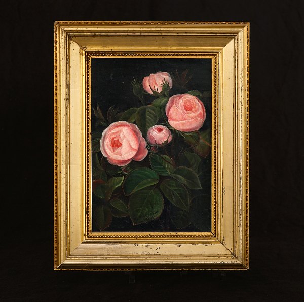 I. L. Jensen, 1800-56, Öl auf Leinen: Blumengemälde mit Rosen. Signiert. Lichtmasse: 20,5cmx14cm. Mit Rahmen. 30x23,5cm