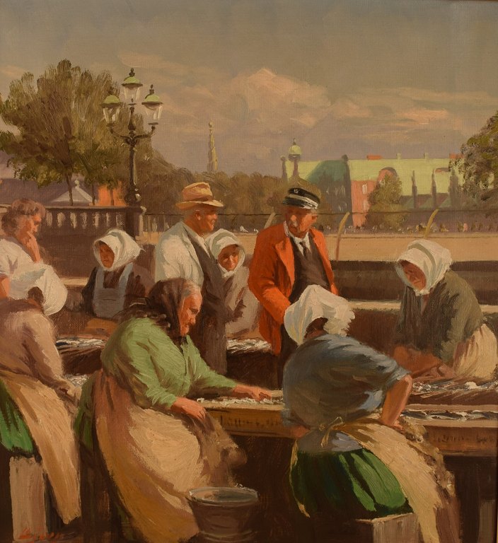 Søren Christian Bjulf. Fiskerkoner ved Gl. Strand.Skovserkoner ved Gammel Strand sælger dagens fangst, af Søren Christian Bjulf (1890-1958)