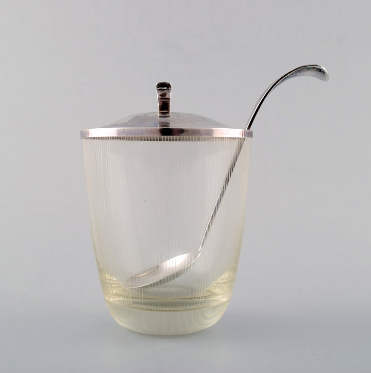 E. Dragsted, Danish silversmith. Marmalade jar of art glass with lid and spoon of sterling silver.
