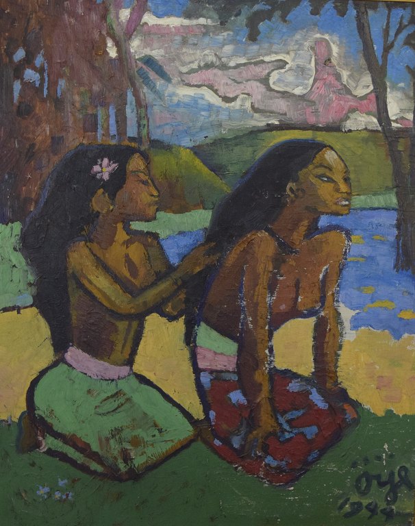 Svensk kunstner. Paul Gauguin stil, Tahiti kvinder traditionelt klædt. Tropisk landskab i intense, glødende farver i baggrunden.Olie på karton.