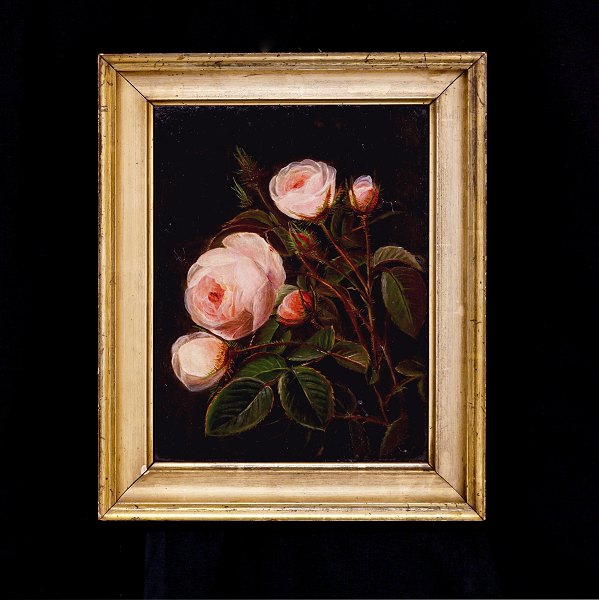 School of I. L. Jensen: Stilleben with roses. Denmark circa 1830. Oil on canvas. Visible size: 26,5x20cm. With frame: 34,5x28cm