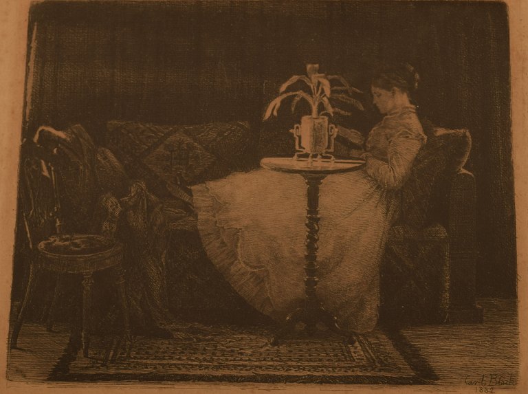 Carl Bloch. "Læsende dame". Radering. 
