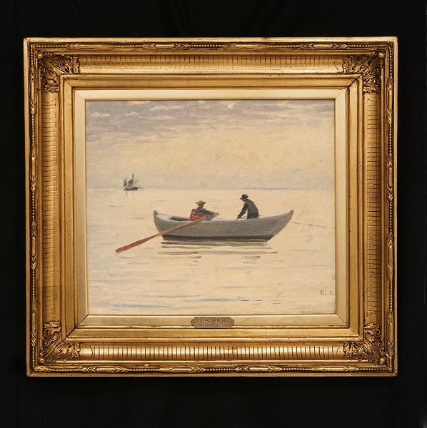 Michael Ancher, 1849-1927: "Fiskerne sætter garn. Skagen". Olie på lærred. Signeret "MA" ca. år 1920. Lysmål: 37x43cm. Med ramme: 59x65cm