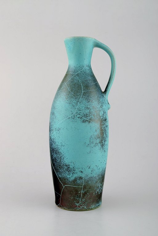 Richard Uhlemeyer, German ceramist.Pottery pitcher, beautiful crackled glaze in green red shades.