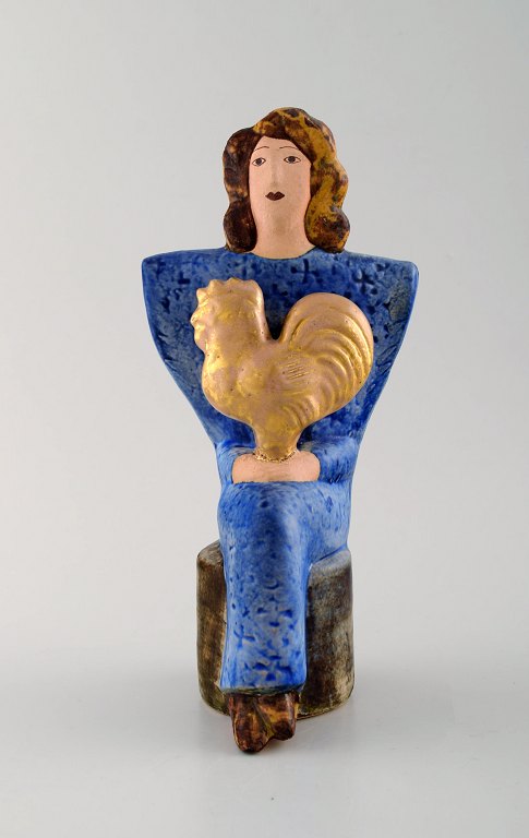 Very rare Lisa Larson unique figure of sitting woman in blue with golden rooster.
