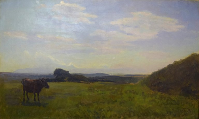 Otto P. Balle, 1865-1916. Impressionistisk bakket dansk sommerlandskab med 
græssende ko. Olie på lærred. Ca. 1900.
