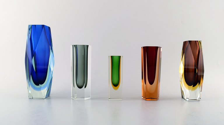 Collection of 5 "Sommerso" Murano vases in mouth blown art glass, 1960s.