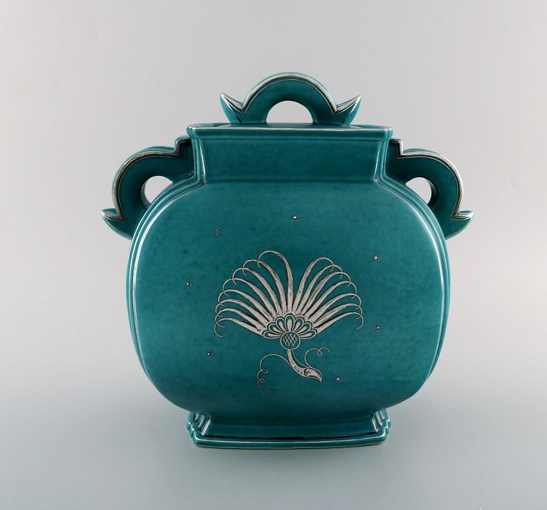 Wilhelm Kåge, Gustavsberg, Argenta Art deco ceramic vase decorated with silver inlaid.
