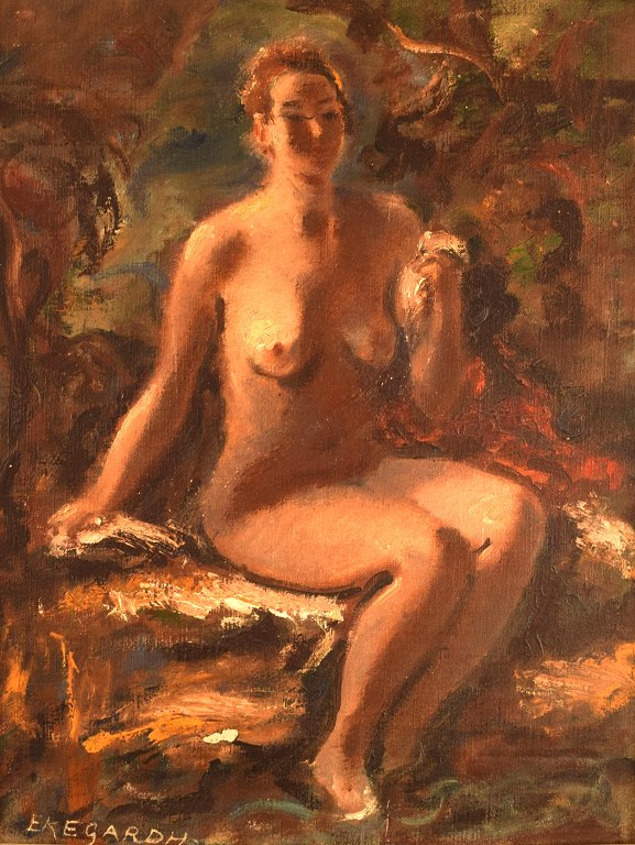 Hans Ekegardh (b. 1881, d.1962), Swedish artist. Oil on canvas. Seated nude model, landscape in the background. 1940