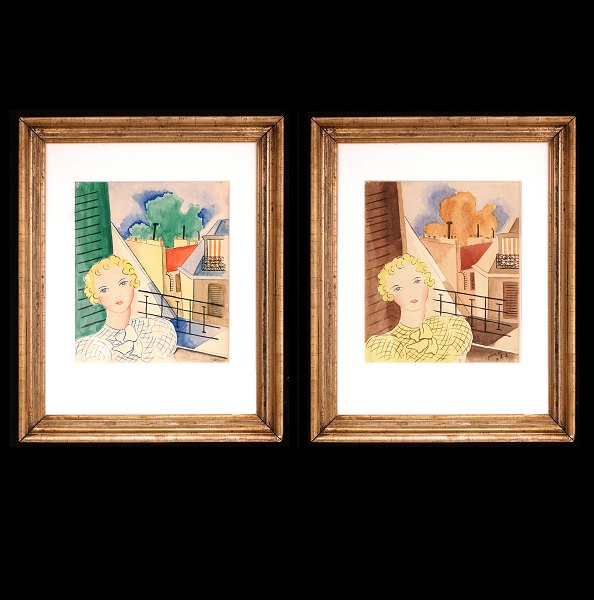 Rita Kernn-Larsen, 1904-98, watercolor. Signed Paris 1934. Visbile size: 27x22cm. With frame: 48x38cm