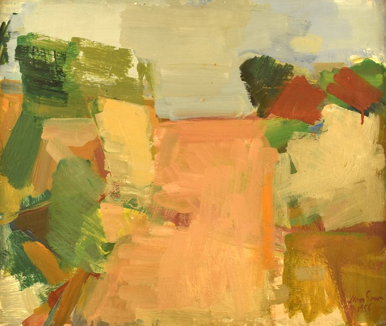 Lars Svan (1913-2003). Svensk kunstmaler. Olie på plade. Modernistisk landskab. Dateret 1955.