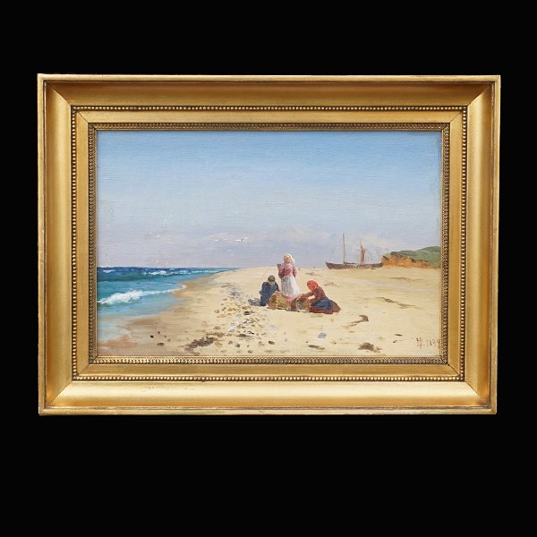 Holger Lübbers, 1850-1931, Persons at a beach. Oil on canvas. Signed and dated 1894. Visible size: 20x30cm. With frame: 30x40cm
