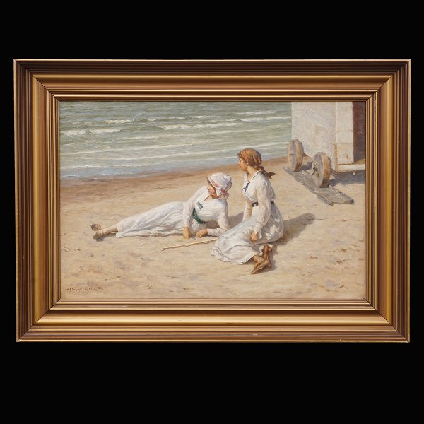 N. F. Schiøttz-Jensen, 1855-1941: Two women at the beach in Lønstrup. Oil on canvas. Signed and dated 1916. Visible size: 39x60cm. with frame: 56x77cm