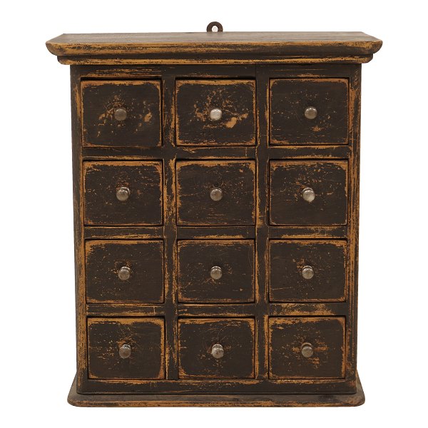 A black decorated wall-mounted cabient with 12 drawers. Denmark circa 1860-80. H: 61cm. W: 54cm. D: 29cm