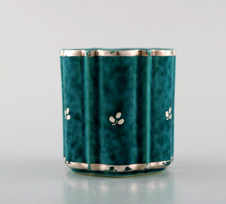 Wilhelm Kåge for Gustavsberg. Argenta vase in ceramics decorated with leaves in silver inlaid. Sweden 1940
