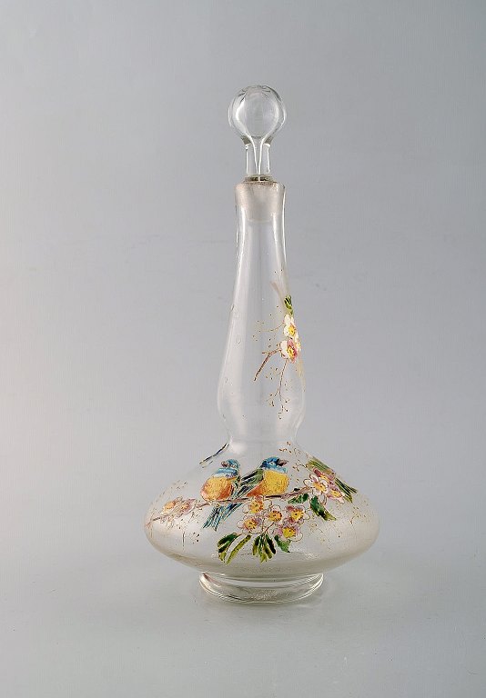 Legras, France. Carafe with hand painted enamel decorationin mouth blown art glass. Birds and flowers. 1890